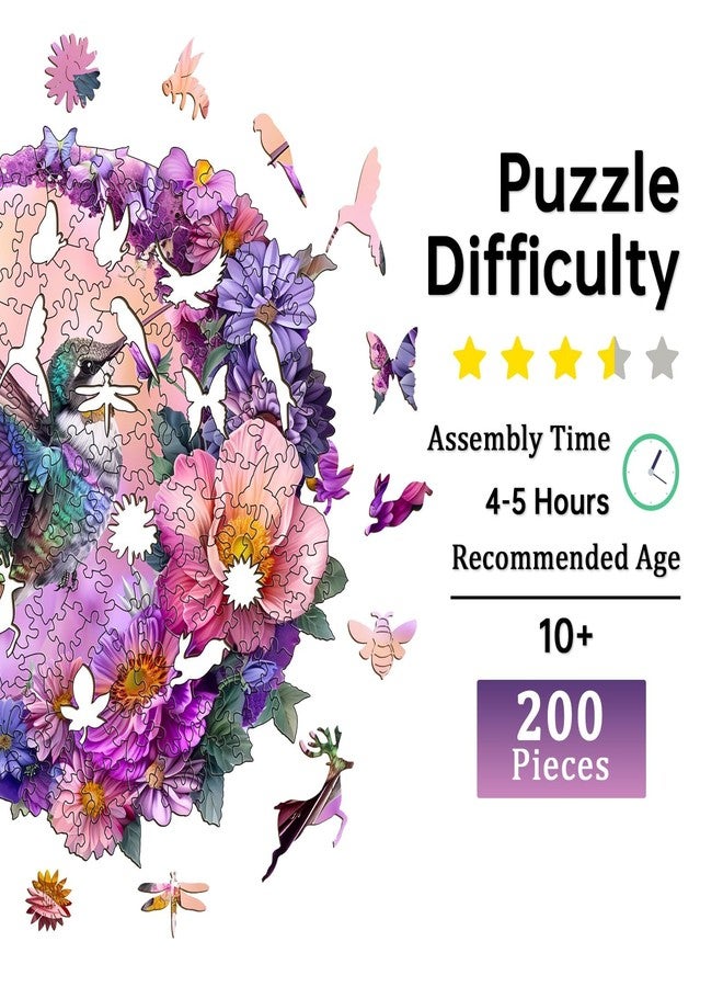 Jigfoxy Wooden Puzzles for Adults, Hummingbird Wood Puzzle, Unique Animal-Shaped Wooden Jigsaw Puzzle for Adults, Perfect Christmas Thanksgiving Gifts for Family and Friends (M-11.4 * 10.9in-200 pcs) - Image 2